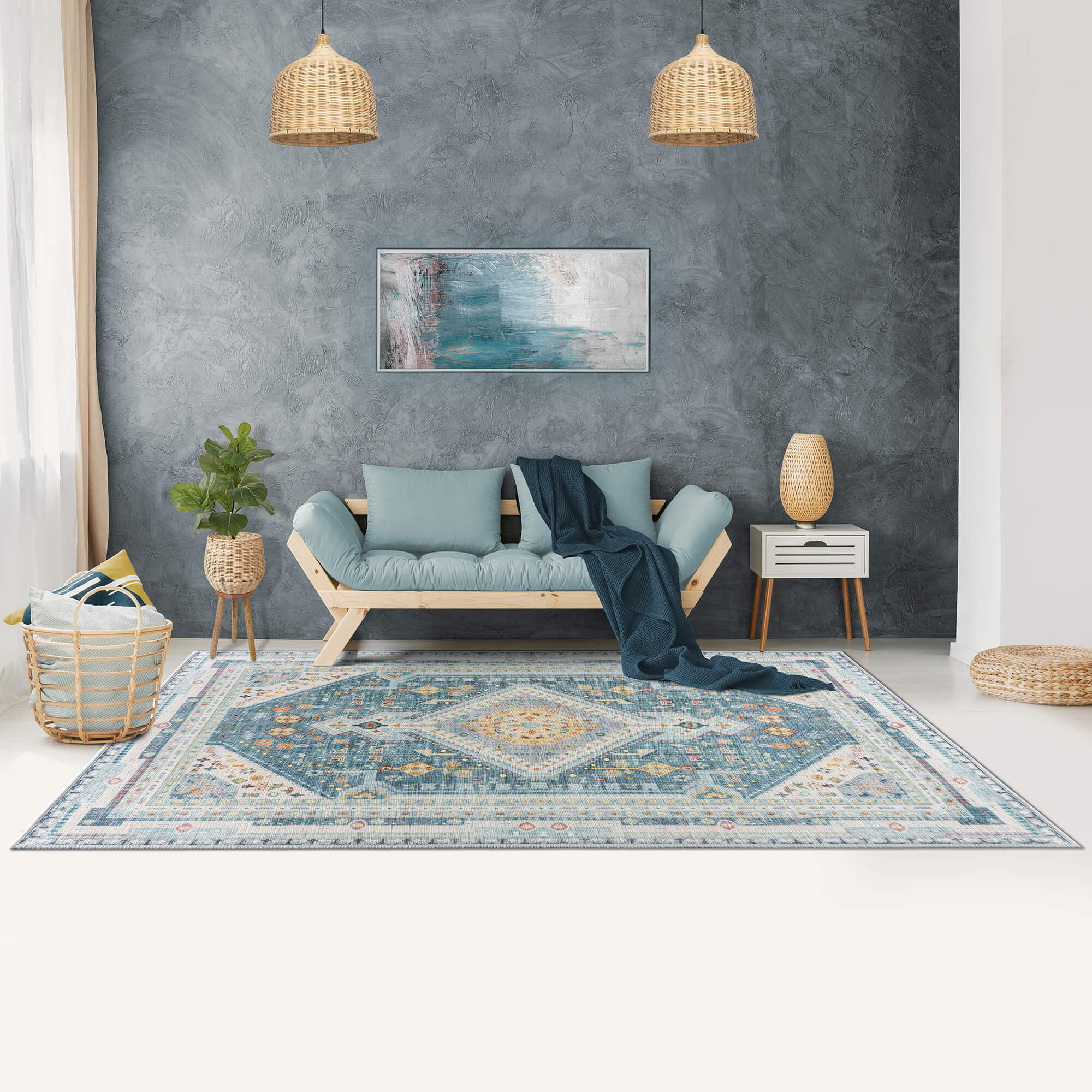 Carpet Mart Senglea Stone Blue/Yellow/Cream Machine Washable Rug - For Living Room, Dining Room, Bedroom, Kitchens, Kids/Nursery Room