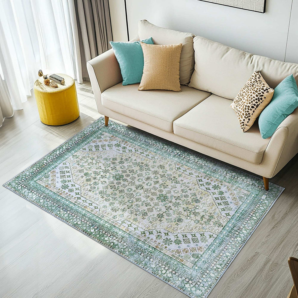 Green Decore Vernal Hyde Green, Yellow & Beige Machine Washable Rug adds a vibrant touch to any living space. Featuring a floral pattern, it's stain-resistant, pet-friendly, non-shedding, and easy to clean, perfect for modern, high-traffic family homes. 