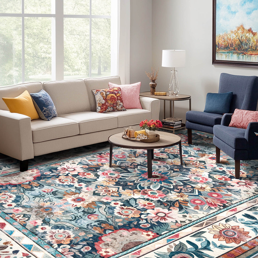 Vernal Rowan Green, Beige & Orange Machine Washable Rug styled in a cosy living room