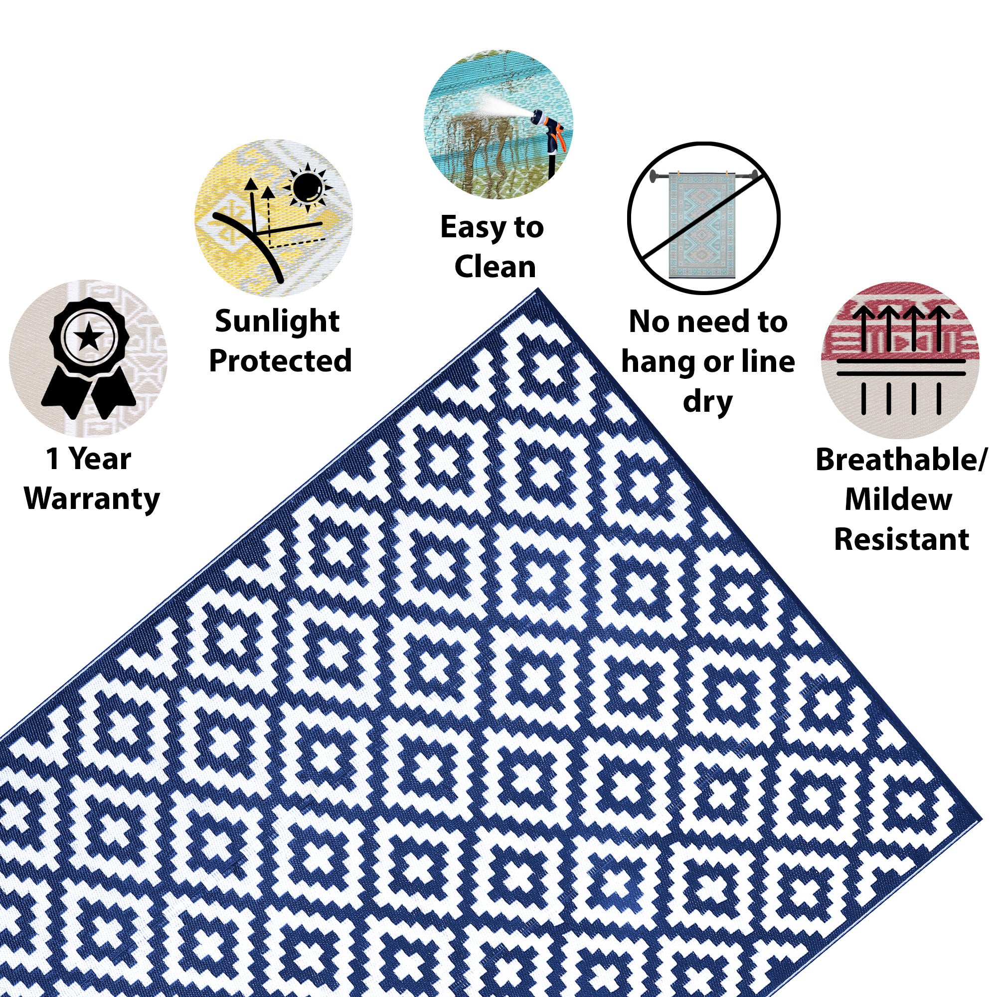 Outdoor Recycled Plastic Rug for Camping (Navy Blue/White)