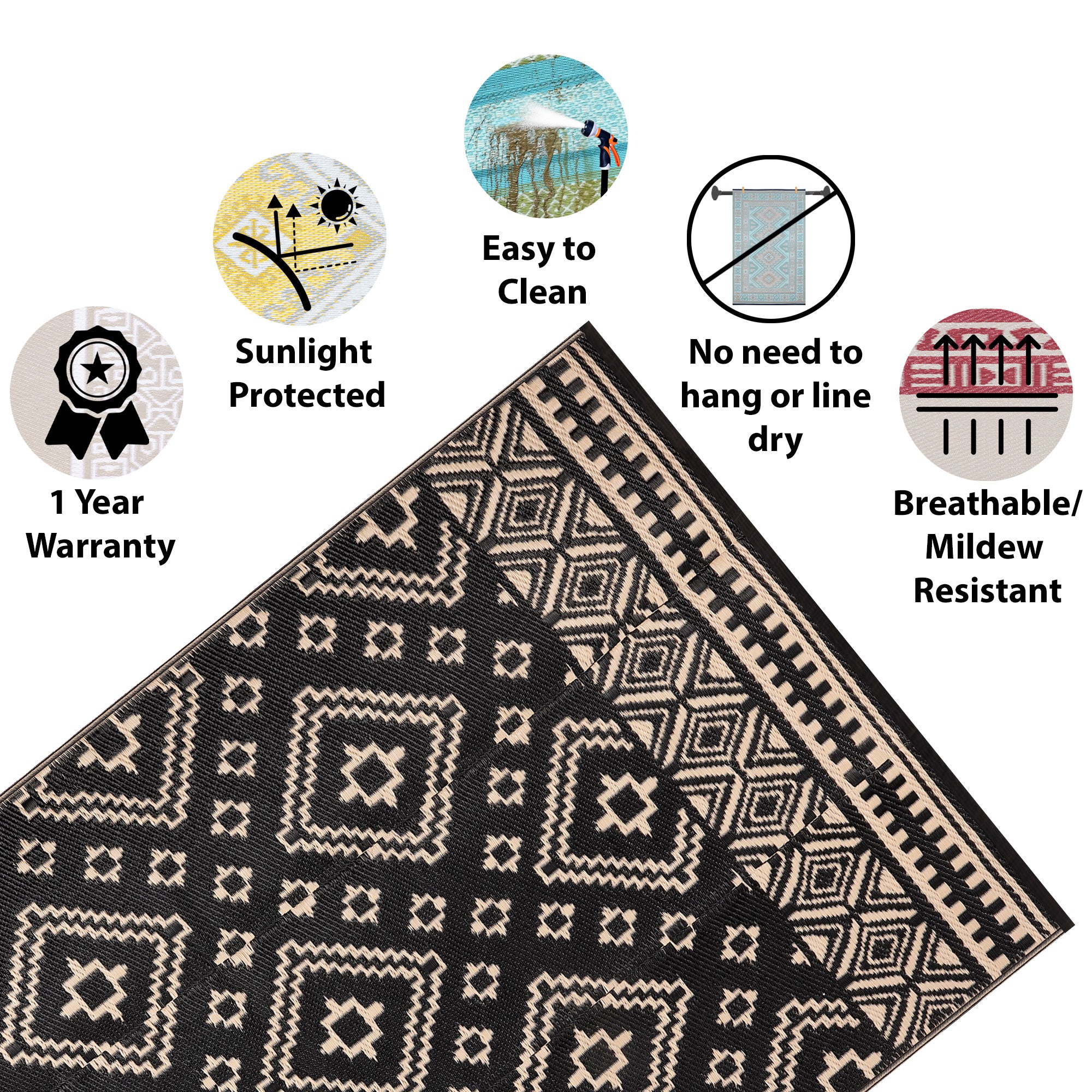 Venice Outdoor Recycled Plastic Rug for Camping (Black / Beige)