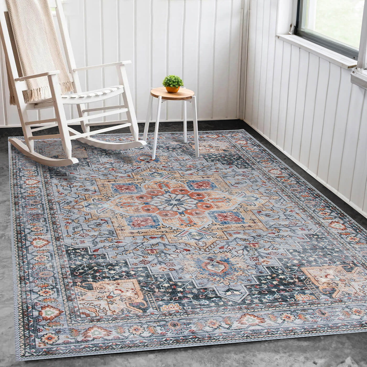 Carpet Mart Aurelia Grey/Yellow/Orange Machine Washable Rug - For Living Room, Dining Room, Bedroom, Kitchens, Kids/Nursery Room