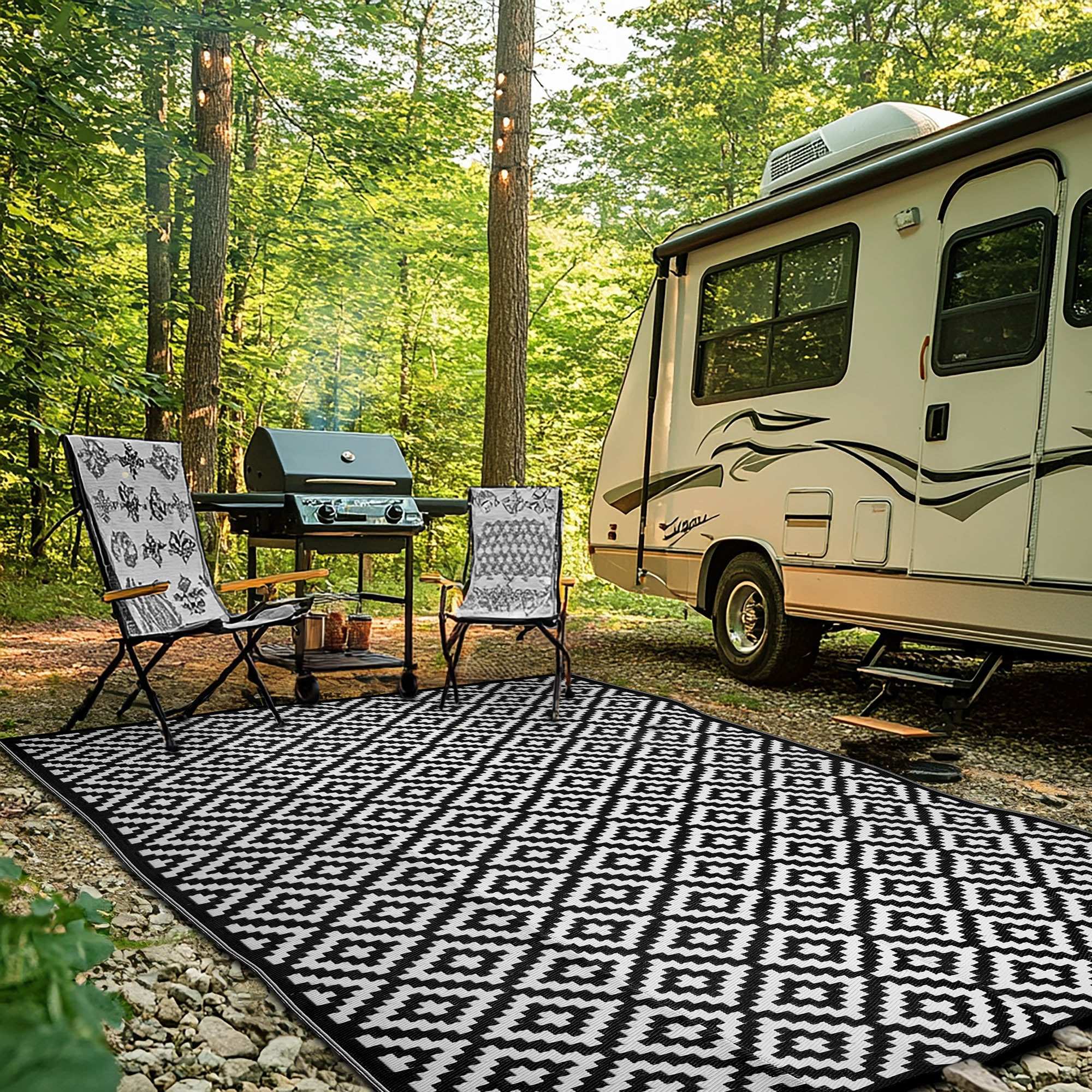 thumbnail image 2 of Smiry 5x8 Ft Reversible Outdoor Rug – Waterproof Polypropylene Straw Weave, UV Protected For Patio, Deck, Picnic | Black & Grey Boho Style 2 of 9