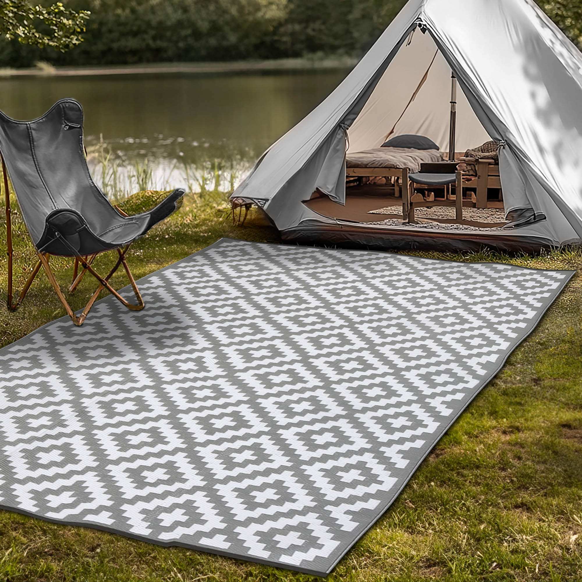 camping mat Indoor/Outdoor Grey and White Rug | Camping Mat, RV Patio Rug