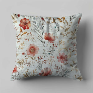 Green Decore Vernal Calisto Red, Pink and Green Indoor Cushion featuring a soft floral pattern on a light background. Ideal for romantic interiors, modern home décor, cosy bedrooms, and stylish soft furnishings with botanical charm and vintage-inspired design.
