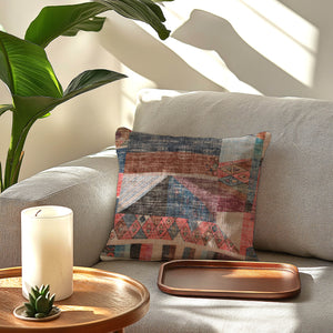 Green Decore Vernal Colaj Blue, Pink & Beige Indoor Cushion with a bold geometric patchwork design in soft, faded tones. Ideal for bohemian, artistic, or modern interiors, this cushion adds colour, texture, and personality to any living space.