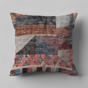 Green Decore Vernal Colaj Blue, Pink & Beige Indoor Cushion featuring abstract geometric patchwork in soft, textured tones. Ideal for boho or eclectic interiors, this decorative cushion enhances any sofa or chair with a cosy, artistic, and colourful accent.