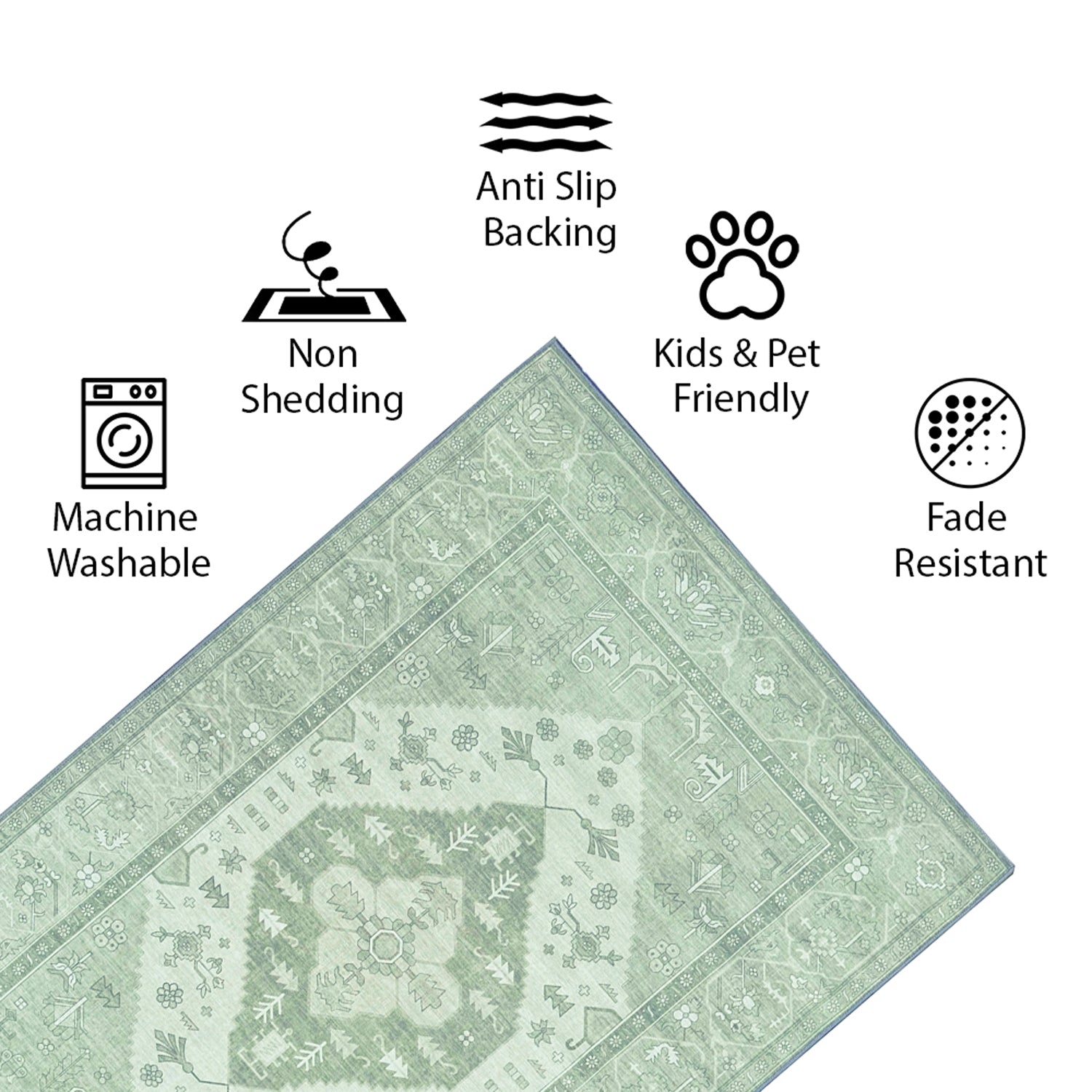 Kinsey Sage Green Machine Washable Rug and Runner - For Living Room, Dining Room, Bedroom, Kitchens, Kids/Nursery Room