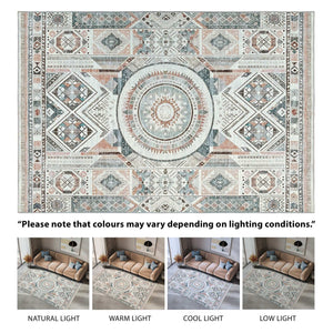 Vernal Dylla Dark Peach, Stone Blue & Cream Machine Washable Rug and Runner - For Living Room, Dining Room, Bedroom, Hallway, Kitchens, Kids/Nursery Room