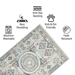 Vernal Dylla Dark Peach, Stone Blue & Cream Machine Washable Rug and Runner - For Living Room, Dining Room, Bedroom, Hallway, Kitchens, Kids/Nursery Room