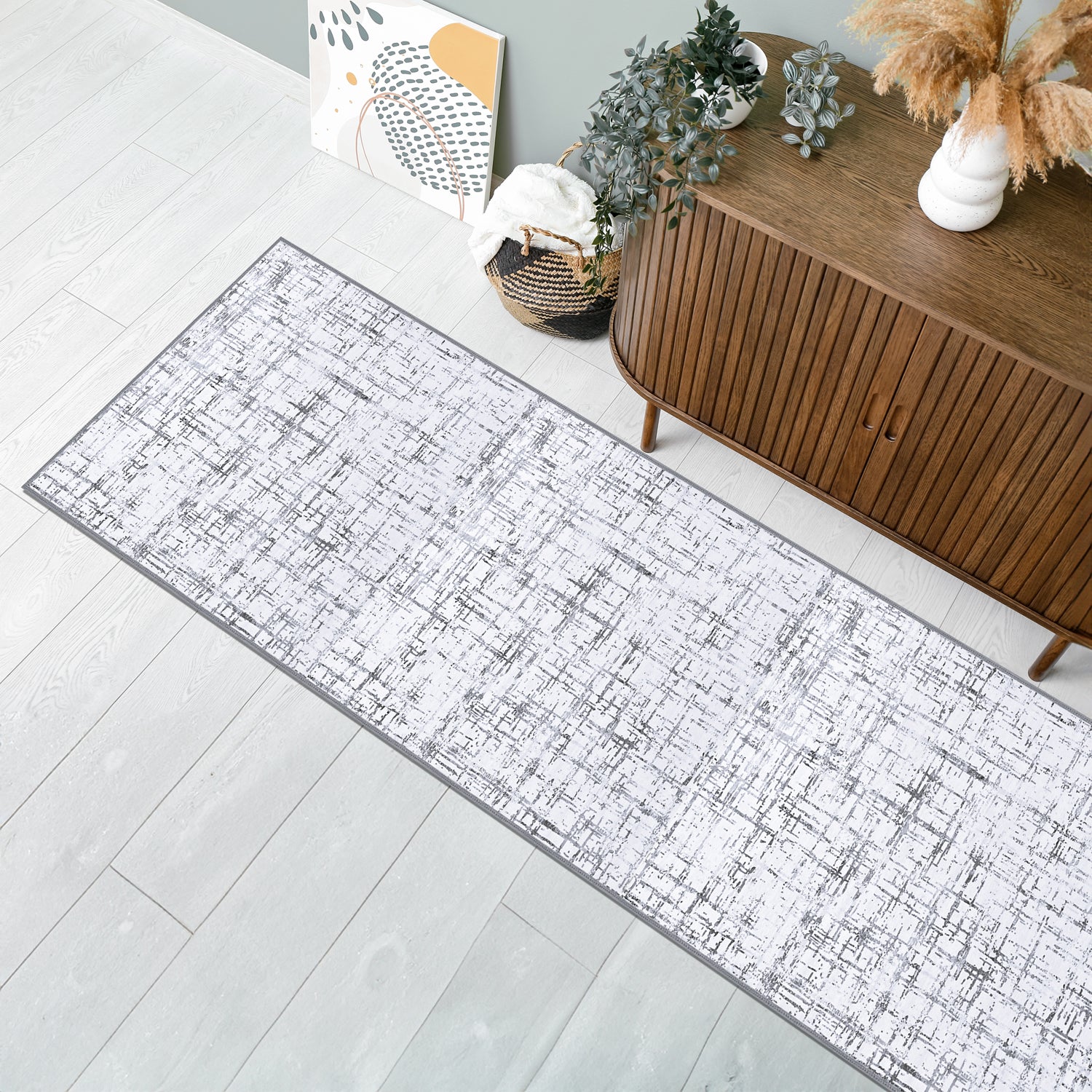 Evia Grey & White Machine Washable Rug and Runner - For Living Room, Dining Room, Bedroom, Kitchens, Kids/Nursery Room