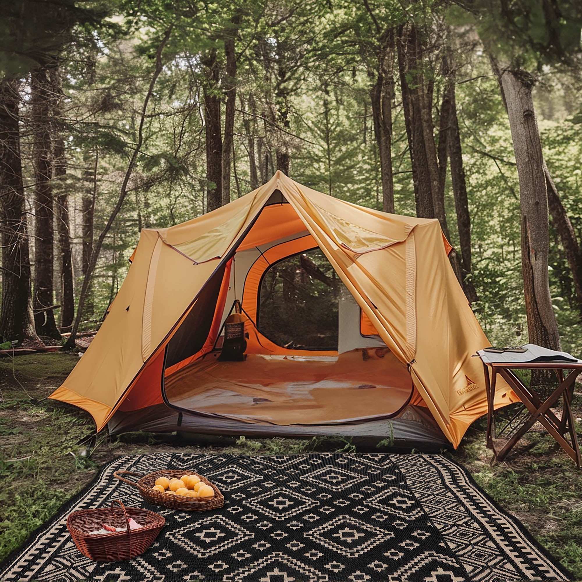 Venice Outdoor Recycled Plastic Rug for Camping (Black Beige)