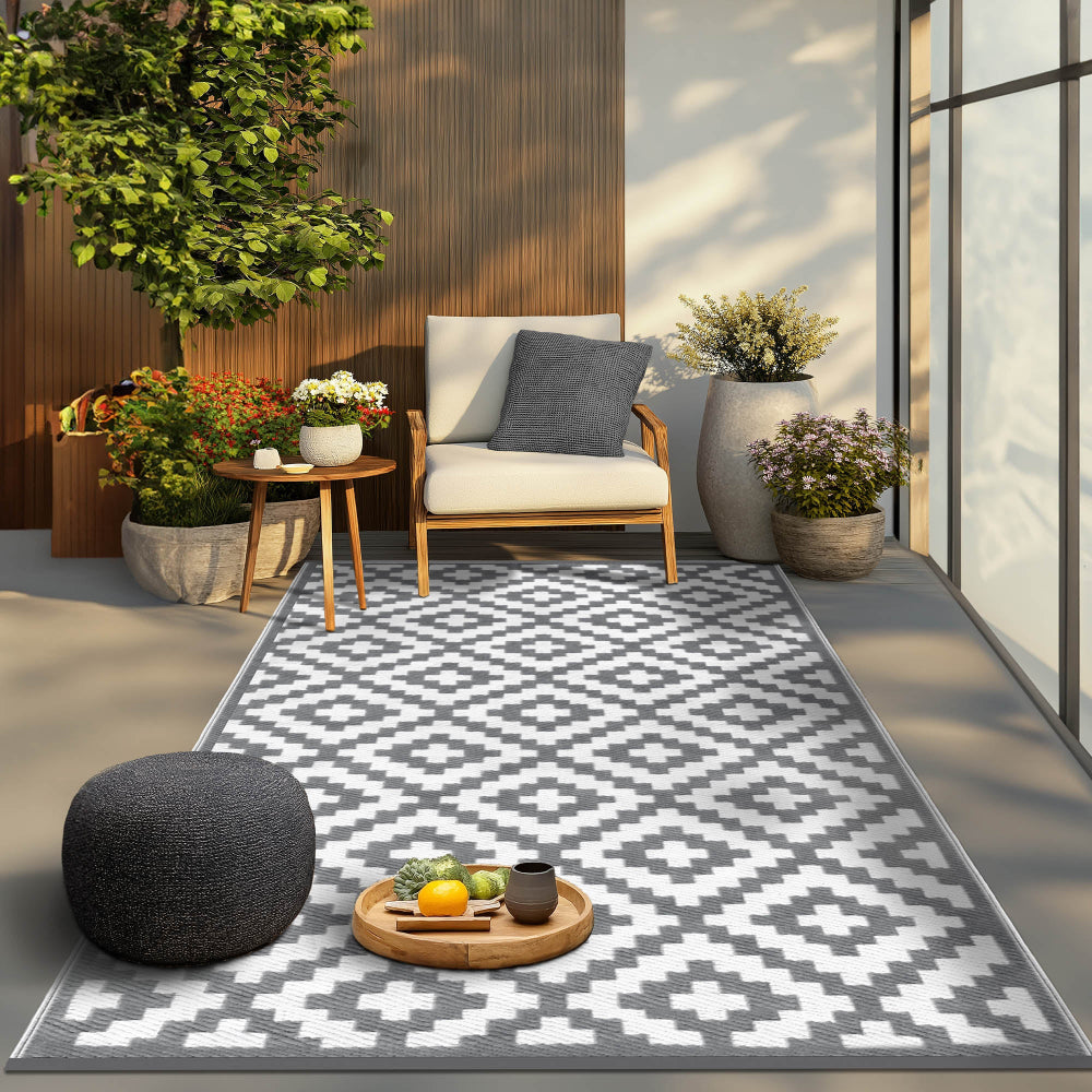 Grey Patterned Outdoor Rug Luxury Outdoor Rugs | Nirvana Grey & White - Waterproof & Reversible