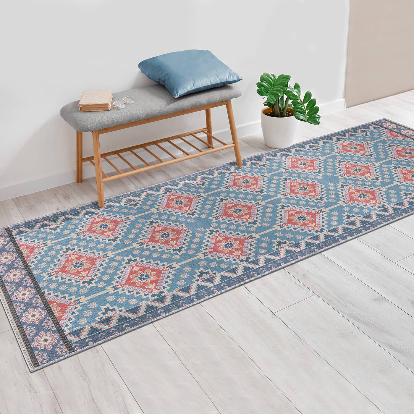 Vernal Fresno Blue, Red and Grey Machine Washable Rug