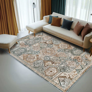 Green Decore’s Vernal Freya Green, Brown and Beige Machine Washable Rug enhances modern living rooms with its vintage geometric design. This stain-resistant, non-slip rug is pet-friendly, easy to clean, and perfect for stylish, low-maintenance home interiors.