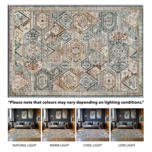 Green Decore’s Vernal Freya Green, Brown and Beige Machine Washable Rug features a traditional geometric design. This pet-friendly, non-slip rug is stain-resistant, fade-resistant, and ideal for living rooms, adapting beautifully to natural, warm, cool, and low lighting conditions.