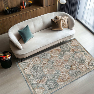 Green Decore’s Vernal Freya Green, Brown and Beige Machine Washable Rug adds a rustic yet modern touch to living rooms. This non-slip, stain-resistant area rug is pet-friendly, easy to clean, and perfect for stylish, low-maintenance home interiors.