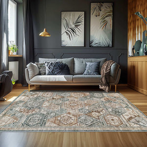 Green Decore’s Vernal Freya Green, Brown and Beige Machine Washable Rug features a vintage-inspired geometric pattern. Ideal for stylish living rooms, this non-slip, stain-resistant rug is pet-friendly, easy to clean, and perfect for cosy, modern home décor.