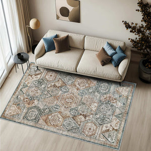 Green Decore’s Vernal Freya Green, Brown and Beige Machine Washable Rug showcases an intricate geometric design. Perfect for modern living rooms, this non-slip, stain-resistant rug is pet-friendly, fade-resistant, and ideal for stylish, easy-care home interiors.