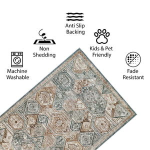 Green Decore’s Vernal Freya Green, Brown and Beige Machine Washable Rug is anti-slip, non-shedding, and fade-resistant. This pet-friendly rug is ideal for busy homes, offering a low-maintenance, stylish flooring solution with easy cleaning and long-lasting durability.