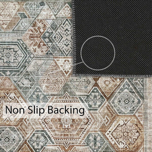 Close-up of Green Decore’s Vernal Freya Green, Brown and Beige Machine Washable Rug highlighting its durable non-slip backing. This stain-resistant, pet-friendly rug is ideal for high-traffic areas, offering easy cleaning, safety, and stylish comfort for modern homes.