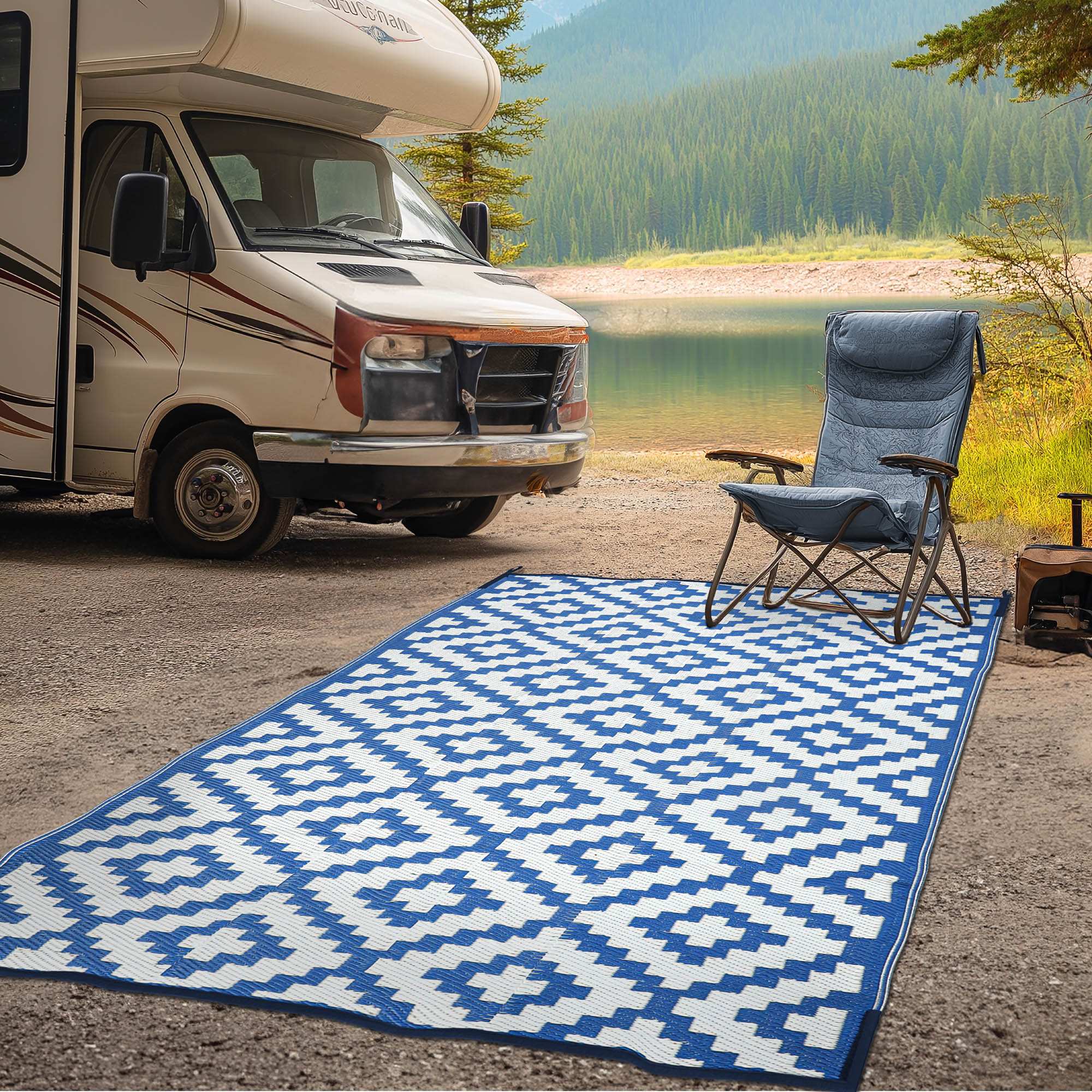 Newmar Rv Rugs Durable Outdoor Rug | Camping Mat, RV Patio Rug | Regatta Blue and ...