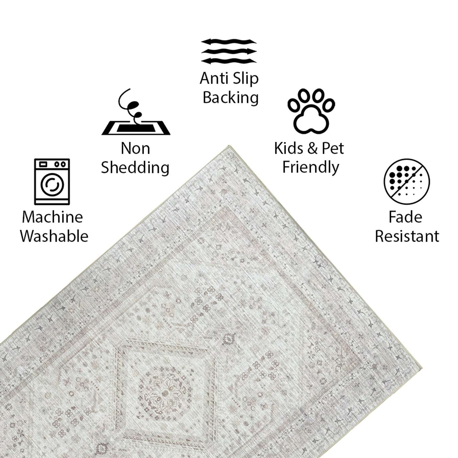 Corner view of the Vernal Senglea Beige, Taupe & Cream Machine Washable Rug with icons highlighting its key features: machine washable, non-shedding, anti-slip backing, fade resistant, and kids & pet friendly design."
