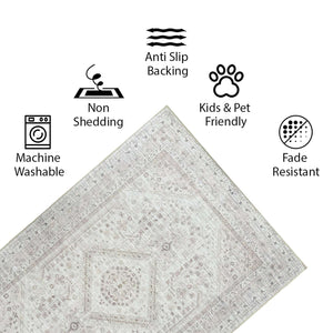 Corner view of the Vernal Senglea Beige, Taupe & Cream Machine Washable Rug with icons highlighting its key features: machine washable, non-shedding, anti-slip backing, fade resistant, and kids & pet friendly design."
