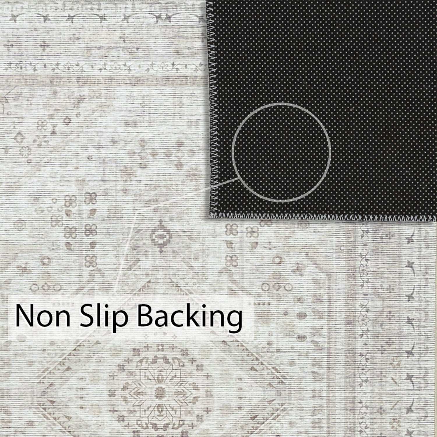 Close-up of the Vernal Senglea Beige, Taupe & Cream Machine Washable Rug highlighting its secure non-slip backing, designed to prevent sliding and enhance safety on various flooring surfaces.
