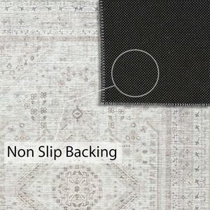 Close-up of the Vernal Senglea Beige, Taupe & Cream Machine Washable Rug highlighting its secure non-slip backing, designed to prevent sliding and enhance safety on various flooring surfaces.
