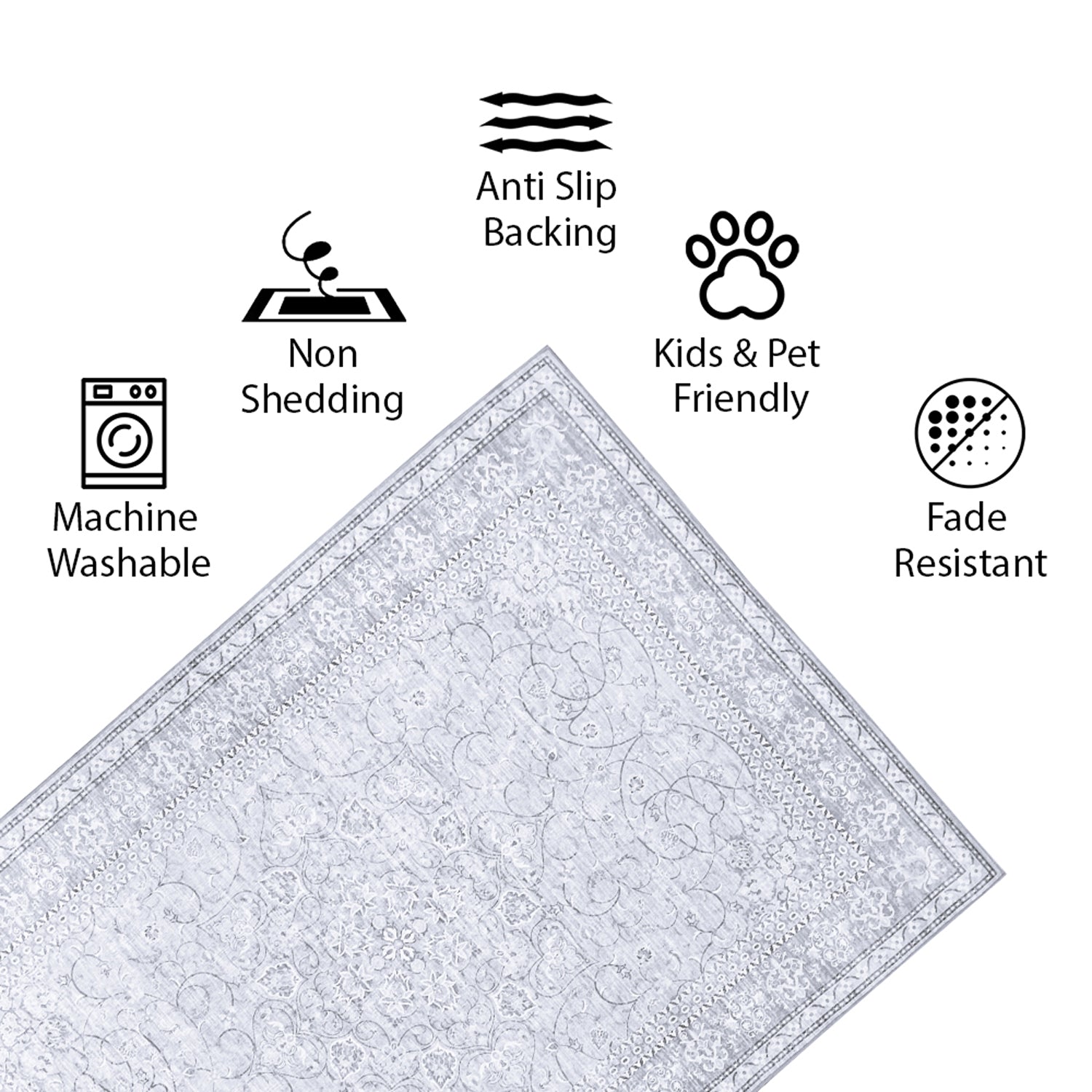 Adora Light Grey Machine Washable Rug and Runner - For Living Room, Dining Room, Bedroom, Kitchens, Kids/Nursery Room