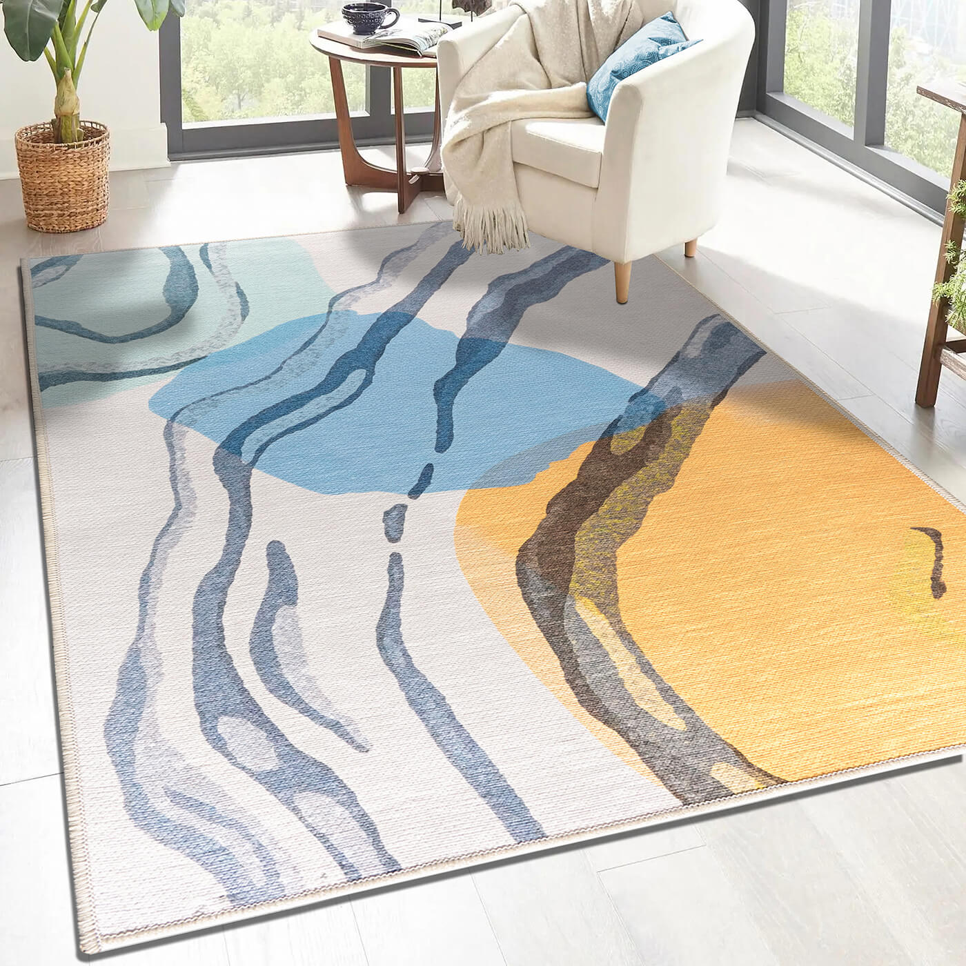 Vernal Jace Cream, Blue and Yellow Machine Washable Rug