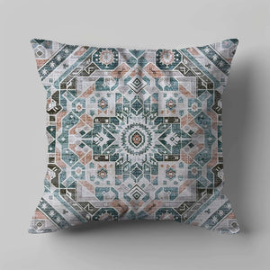 Green Decore Vernal Luke Beige, Green and Orange Indoor Cushion featuring a bold geometric tribal design. This cushion adds character to boho interiors, modern home décor, cosy living spaces, and stylish soft furnishings with earthy tones and ethnic charm.