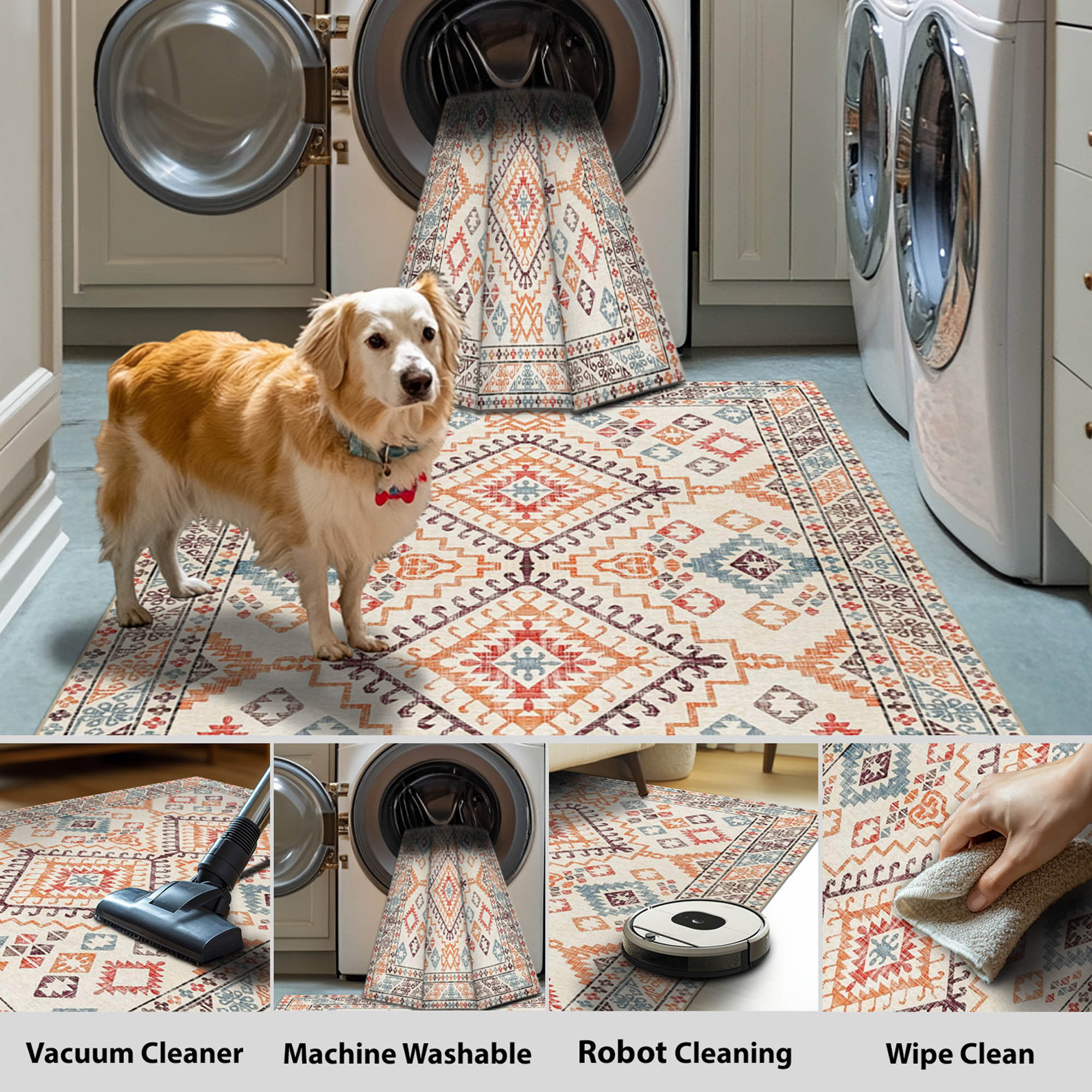 Real Rug Wipe Vernal Yonker Orange/Blue/Cream Machine Washable Rug - For Living Room