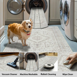 Vernal Senglea Beige, Taupe & Cream Machine Washable Rug featured in a laundry setting with a dog, showing its easy-care options including vacuuming, machine wash, robot cleaning, and wipe clean—ideal for pet-friendly households.
