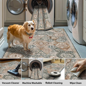 Green Decore’s Vernal Freya Green, Brown and Beige Machine Washable Rug is pet-friendly, easy to maintain, and compatible with vacuum, robot, and wipe cleaning. This non-slip, stain-resistant rug is ideal for busy homes needing stylish, hassle-free floor décor.