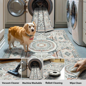 Vernal Dylla Dark Peach, Stone Blue & Cream Machine Washable Rug and Runner - For Living Room, Dining Room, Bedroom, Hallway, Kitchens, Kids/Nursery Room