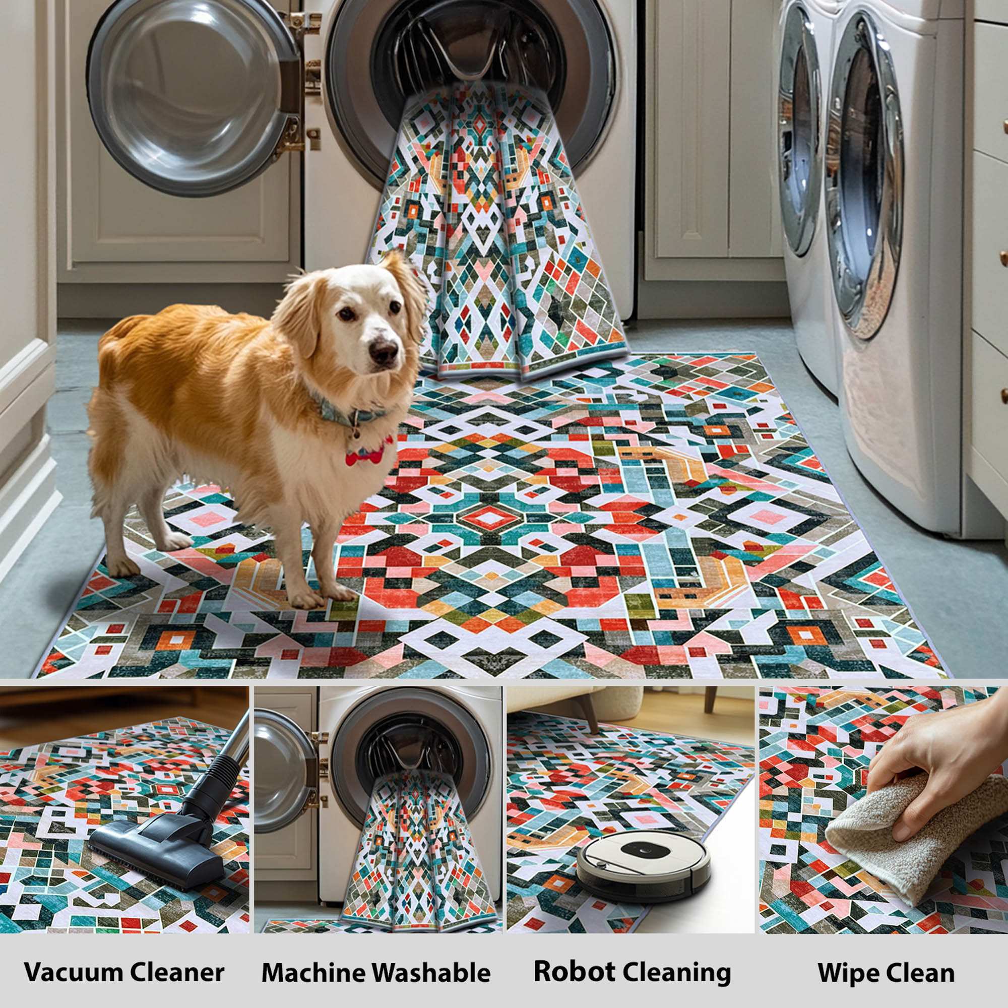 Real Rug Wipe Vernal Casca Multicolour Machine Washable Rug and Runner - For Living
