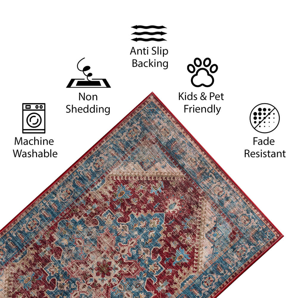 Carpet Mart Milagros Ink Blue/Carmine Red/Beige Machine Washable Rug - For Living Room, Dining Room, Bedroom, Kitchens, Kids/Nursery Room