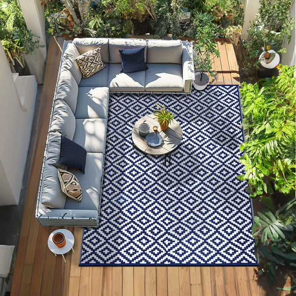 Modern Nirvana Blue & White Geometric Outdoor Rug | Waterproof & Stylish