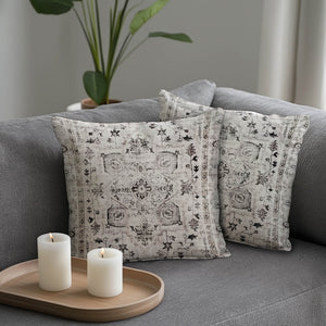 Green Decore Vernal Peoria Persian Beige and Grey Indoor Cushions showcasing vintage-inspired floral and medallion patterns. These elegant cushions enhance classic and neutral living spaces, offering timeless charm, Persian-style design, and soft comfort for sofas, armchairs, or guest rooms.