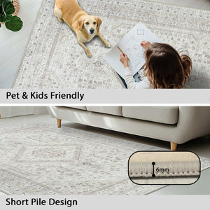 Vernal Senglea Beige, Taupe & Cream Machine Washable Rug shown in a family-friendly setting with a child drawing beside a dog, highlighting its pet and kids-friendly nature and 6mm short pile design for easy maintenance and comfort.
