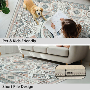 Vernal Dylla Dark Peach, Stone Blue & Cream Machine Washable Rug and Runner - For Living Room, Dining Room, Bedroom, Hallway, Kitchens, Kids/Nursery Room