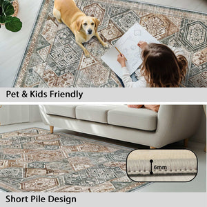 Green Decore’s Vernal Freya Green, Brown and Beige Machine Washable Rug features a 6mm short pile design. This non-slip, kid- and pet-friendly rug is stain-resistant, easy to clean, and perfect for modern homes seeking stylish and low-maintenance flooring.