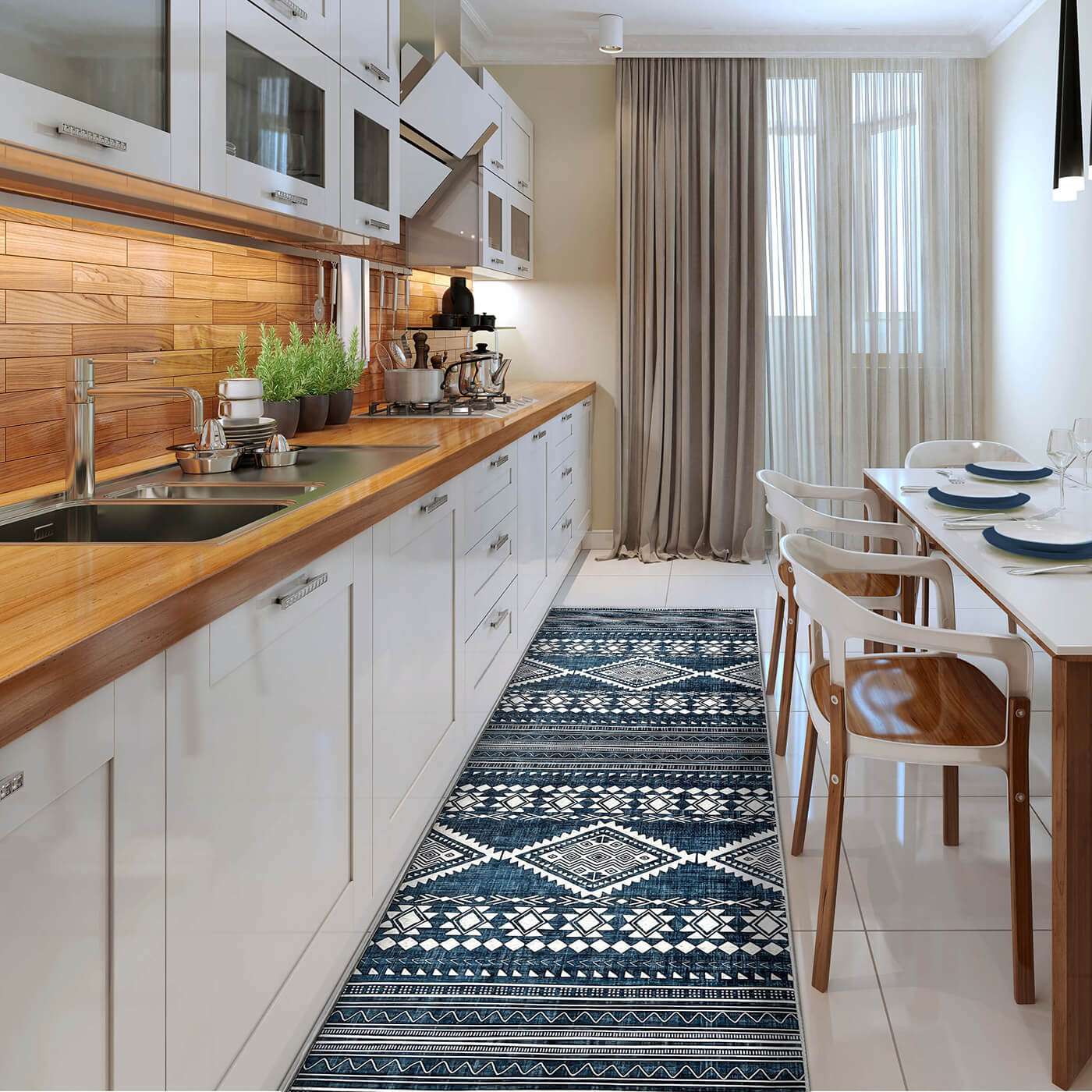 Green Decore Vernal Semey Blue/White Machine Washable Runner placed in a stylish kitchen with white cabinets and wood countertops. This anti-slip, stain-resistant rug adds vibrant pattern, safety, and easy maintenance to high-traffic areas like kitchens and dining zones.
