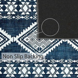 Close-up of Green Decore Vernal Semey Blue/White Machine Washable Rug highlighting the non-slip backing. This durable tribal-style rug is designed for stability, stain resistance, and easy care—ideal for enhancing safety and style in busy modern home interiors.
