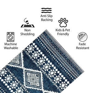 Green Decore Vernal Semey Blue/White Machine Washable Rug displayed with icons highlighting key features: anti-slip backing, machine washable, non-shedding, fade-resistant, and kid and pet-friendly. This durable rug blends bold tribal design with easy-care practicality for modern homes.
