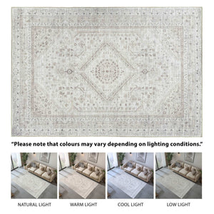 Vernal Senglea Beige, Taupe & Cream Machine Washable Rug displayed under various lighting conditions—natural, warm, cool, and low light—demonstrating how its subtle tones shift with room illumination.
