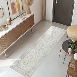 Modern hallway featuring the Vernal Senglea Beige, Taupe & Cream Machine Washable Runner, styled with a wooden console, framed artwork, and decorative accents, adding a sophisticated touch to the entryway.
