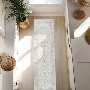 Bright kitchen hallway featuring the Vernal Senglea Beige, Taupe & Cream Machine Washable Runner, laid on light wood flooring with natural sunlight streaming in, complementing the airy, neutral-toned décor.
